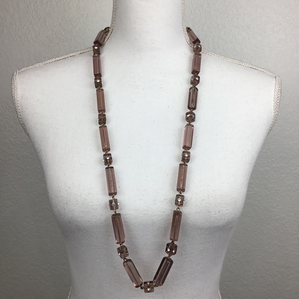 J. Crew Long Dusty Pink Square Tube & Rhinestone Beaded Statement Necklace